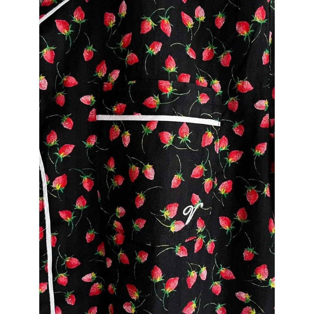 Victoria's Secret Black Strawberry Print Cotton Pajama Set Long Sleeve Pants L